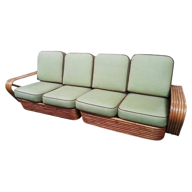 Restored 6-Strand Square Pretzel Rattan Four-Seat Sofa by Paul Frankl For Sale
