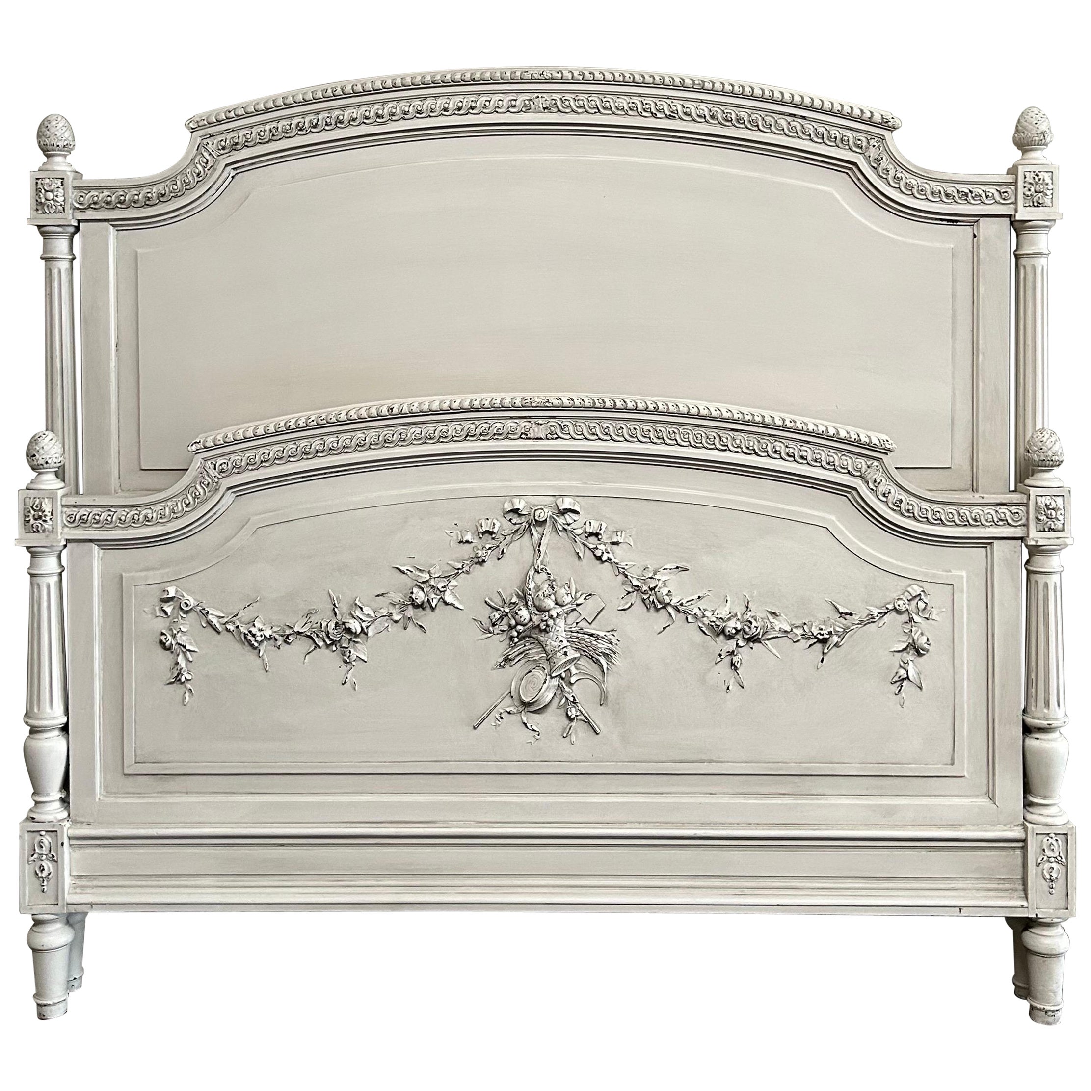 Antique French Louis XVI Style Full Size Bed in White Oyster Painted Finish
