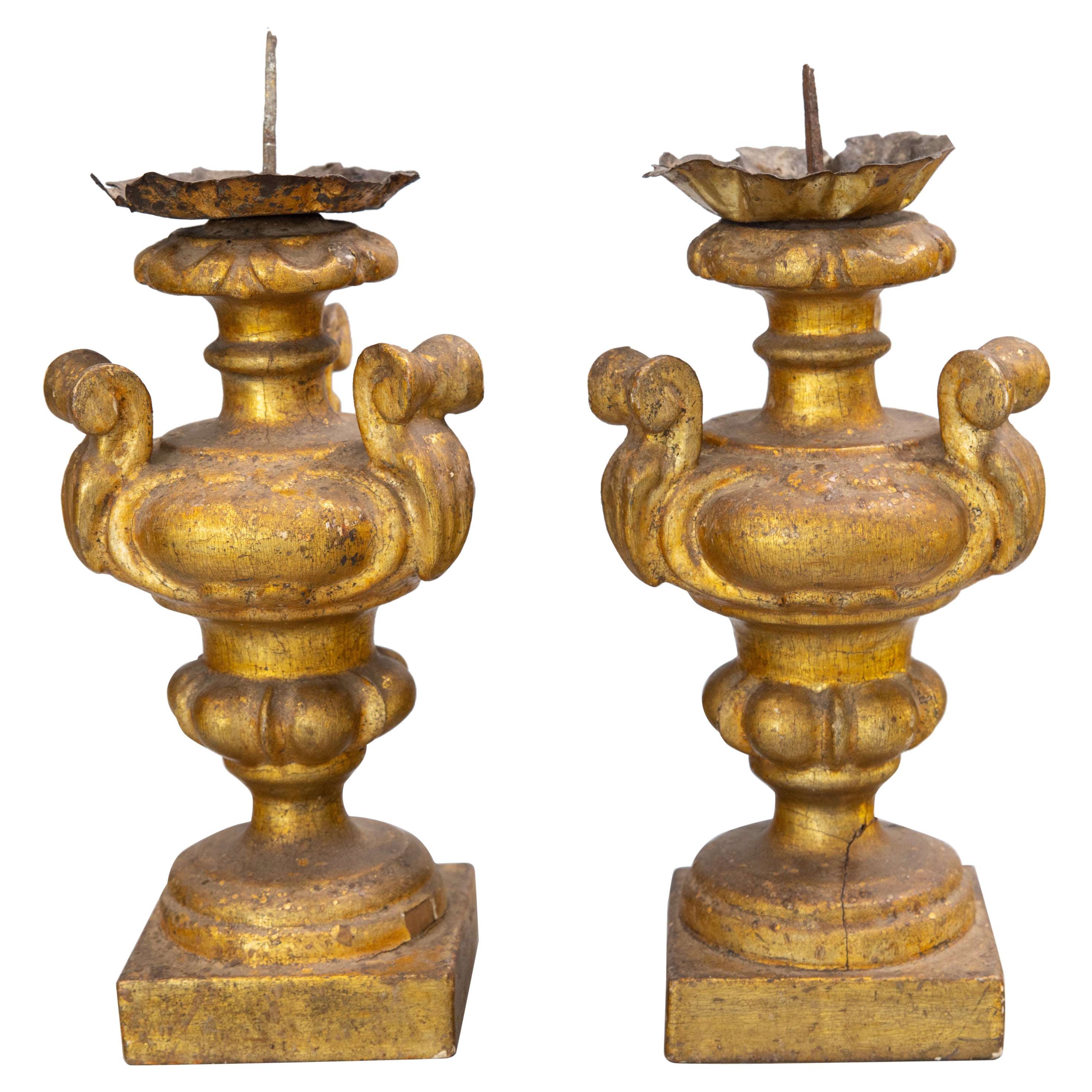 Pair of 18th Century Neoclassical Italian Giltwood Urns Pricket Candlesticks For Sale