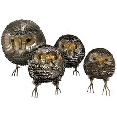 Collection of 4 Brutalist Metal Work Figures of Owls, Attrib. Sergio Bustamante