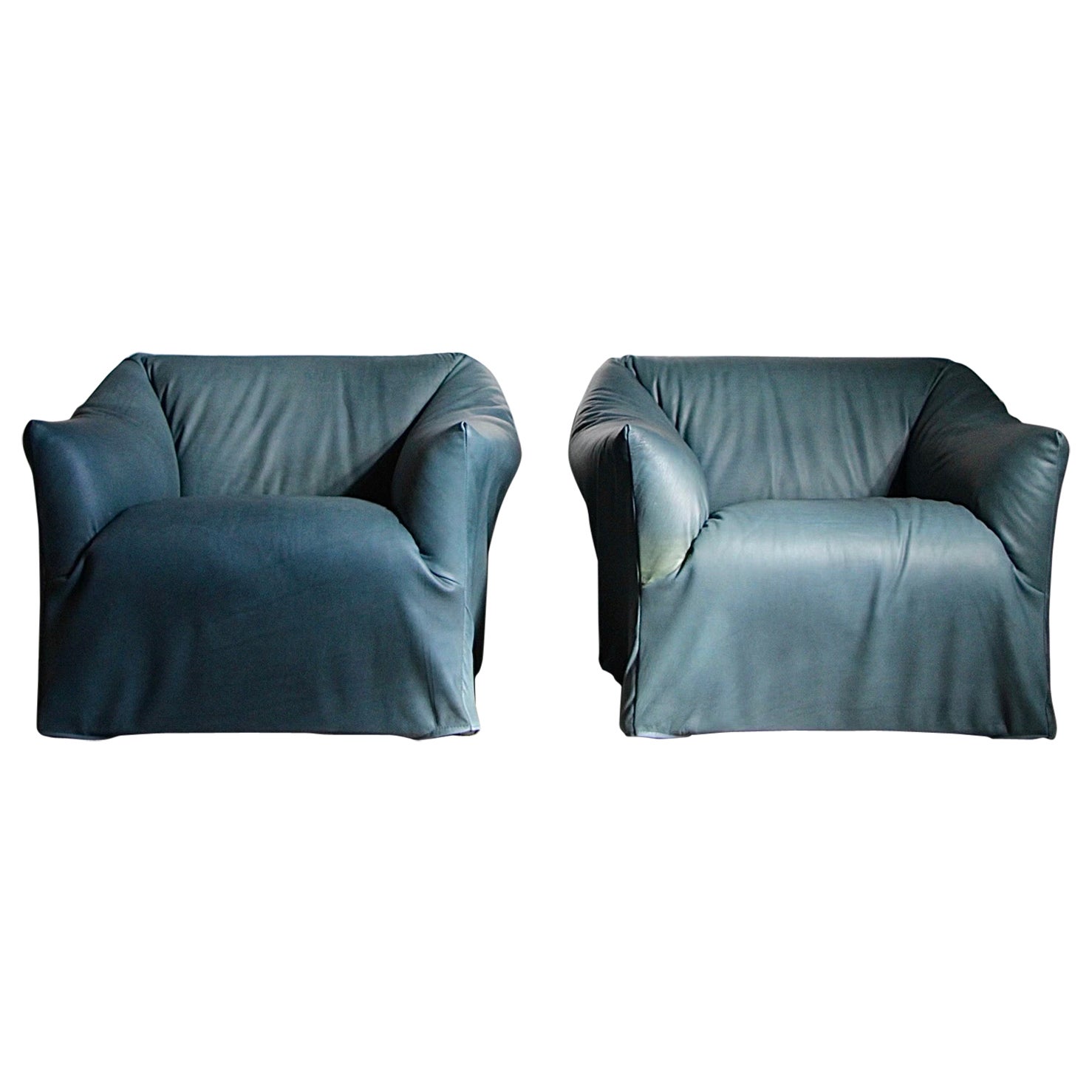 Mario Bellini  "Tentazione" Lounge Chairs for Cassina in Teal Calfskin Leather