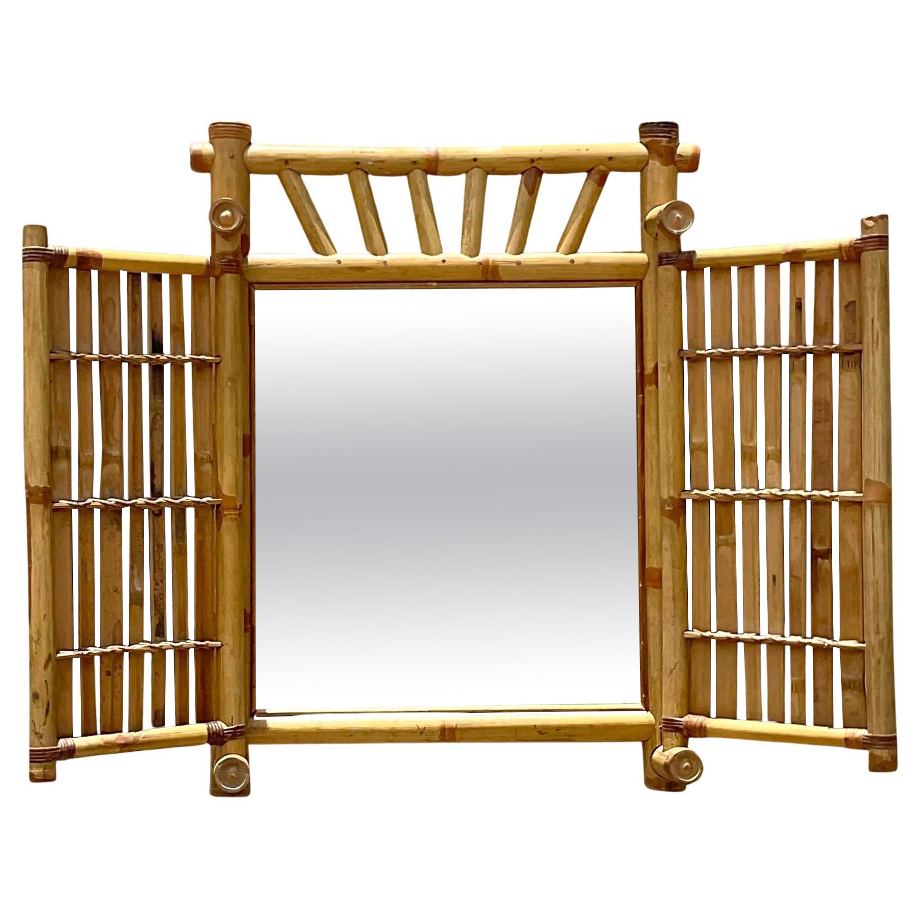 Vintage Coastal Bamboo Plank Double Door Wall Mirror For Sale