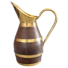 Used 19th Century French Oak & Brass Banded Barrel Pitcher Wine Jug Ewer