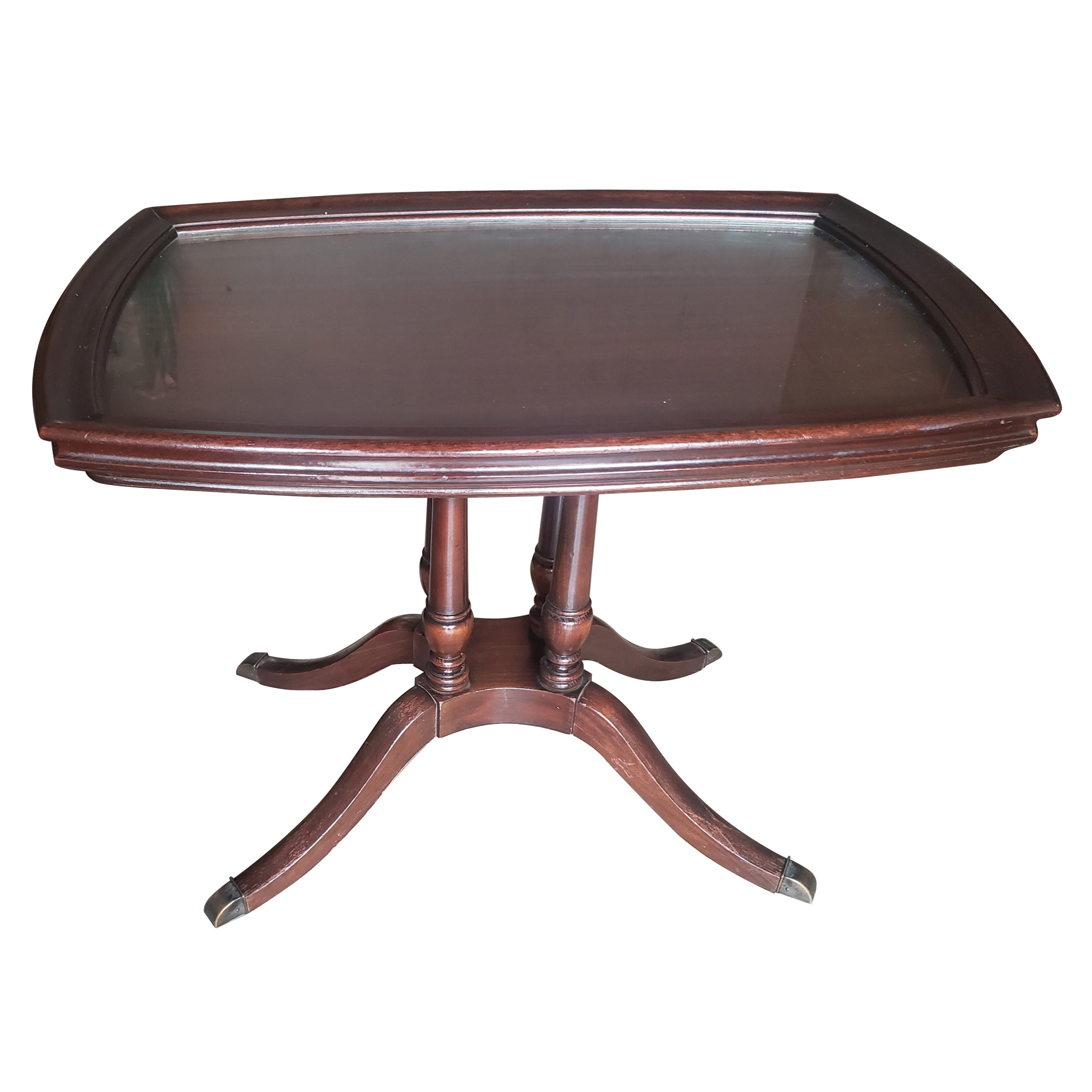Tavolino in mogano Brandt Furniture del 1940 con vassoio in vetro