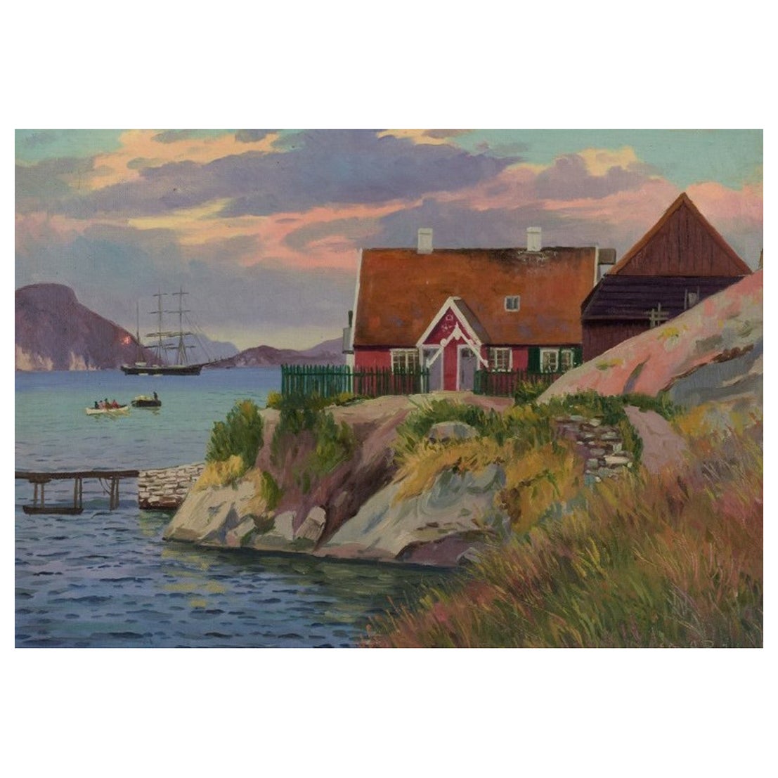 Emanuel Aage Petersen (1894-1948). Oil painting on canvas. Greenlandic village.  For Sale