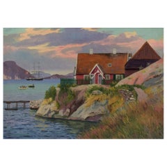 Emanuel Aage Petersen (1894-1948). Peinture à l'huile sur toile. Village groenlandais. 