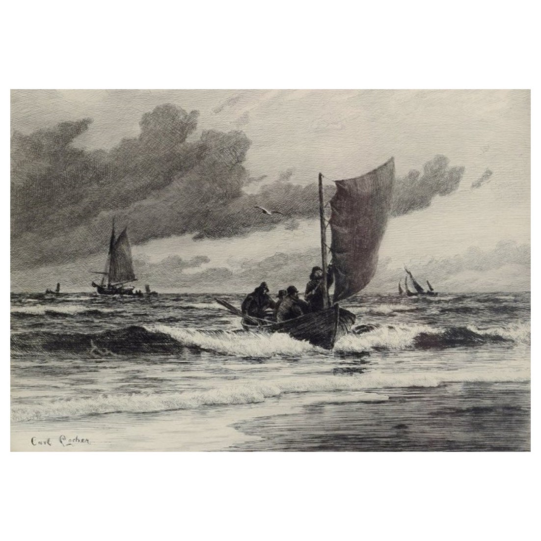 Carl Locher. The fishing boat arrives. Skagen. Etching on paper. 1899.  For Sale