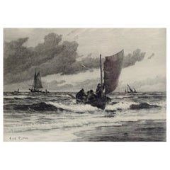 Antique Carl Locher. The fishing boat arrives. Skagen. Etching on paper. 1899. 