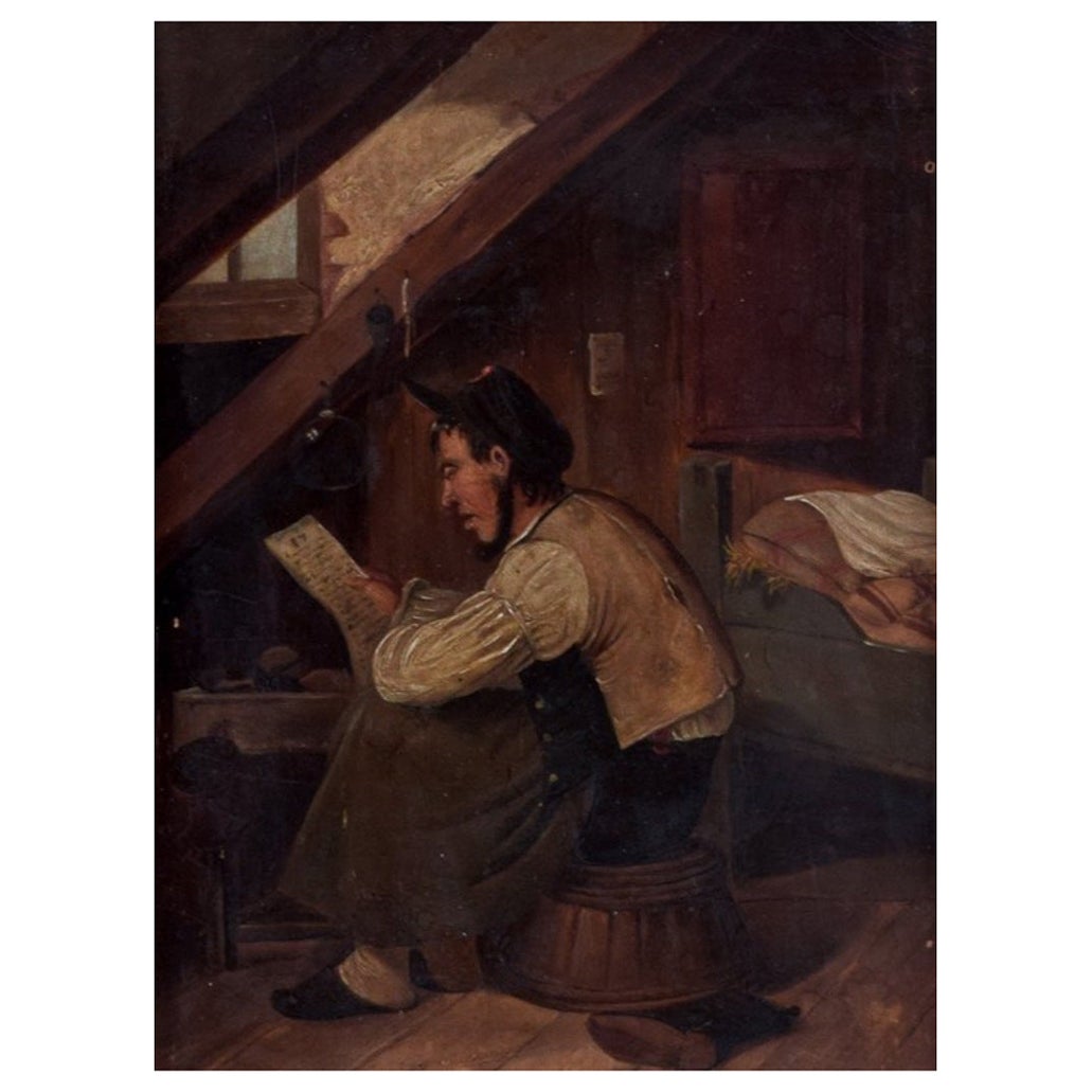 Northern European painter. Oil painting on board. Attic chamber with reading man For Sale