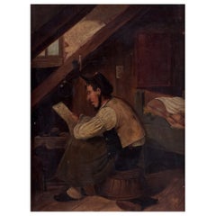 Northern European painter. Oil painting on board. Attic chamber with reading man