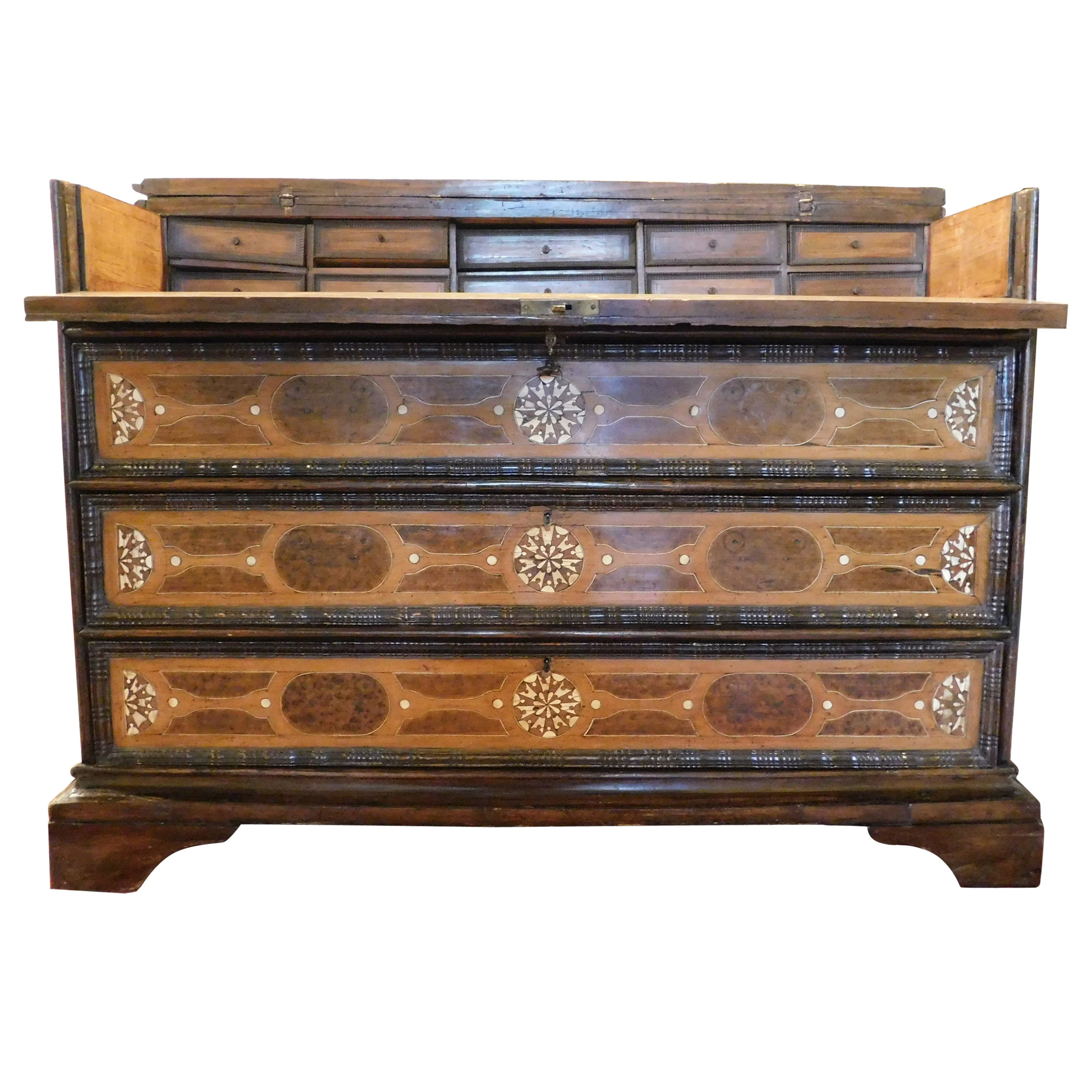 Dresser/flap cabinets in walnut and briar inlay, Italy For Sale