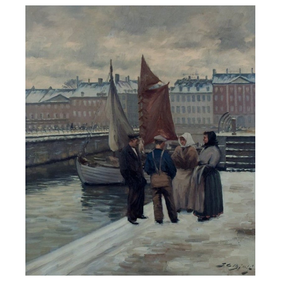 Søren Christian Bjulf (1890-1958), Denmark. A dockyard scene with. Oil on canvas For Sale