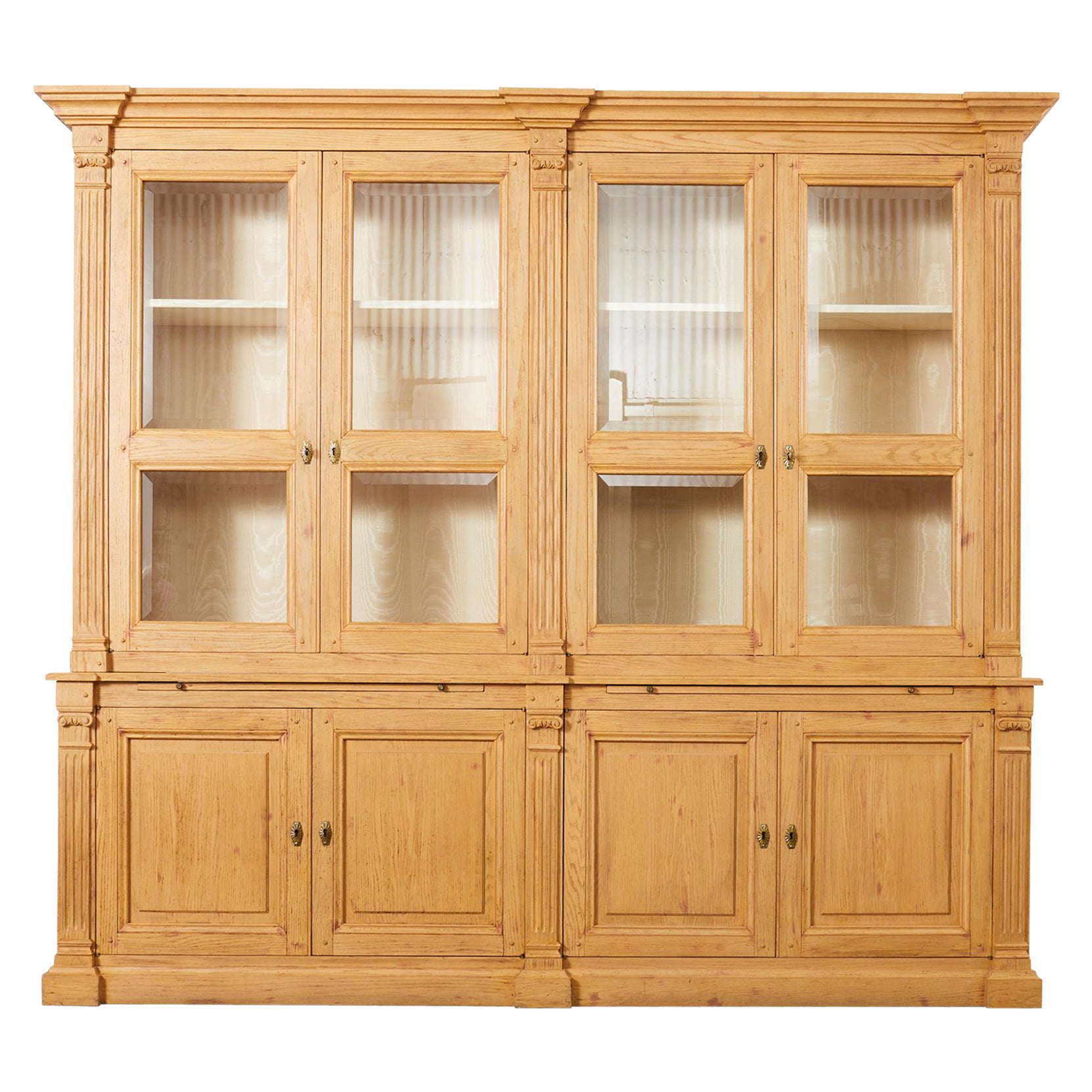 Neoclassical Style Oak Library Bookcase with Beveled Glass Doors For Sale