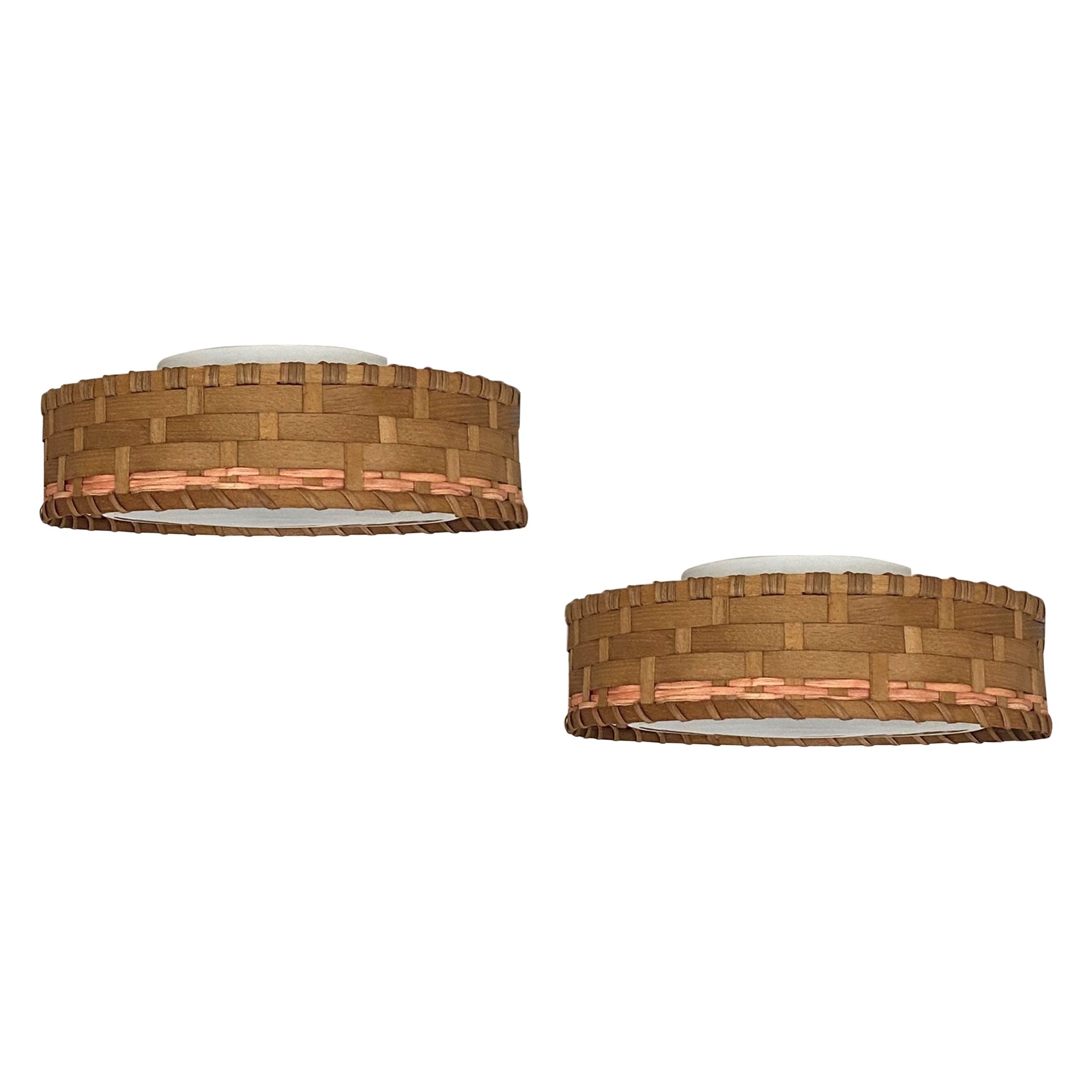 Pair of Mid-Century Modern Scandinavian Wicker Murano Glass Flush Mounts, 1960s