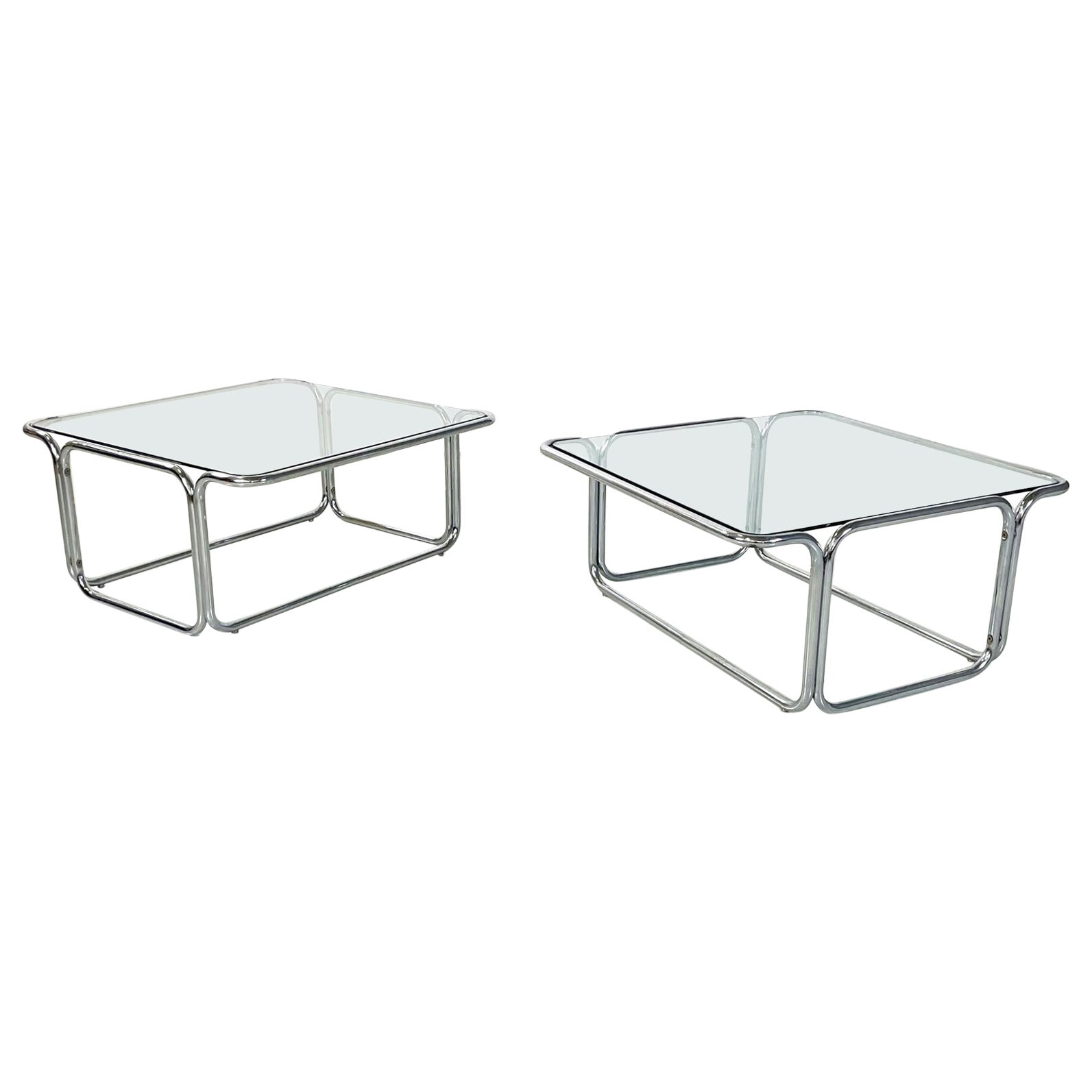 Italian modern Square Coffee tables in glass and chromed steel, 1970s