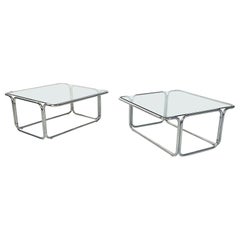 Italian modern Square Coffee tables in glass and chromed steel, 1970s
