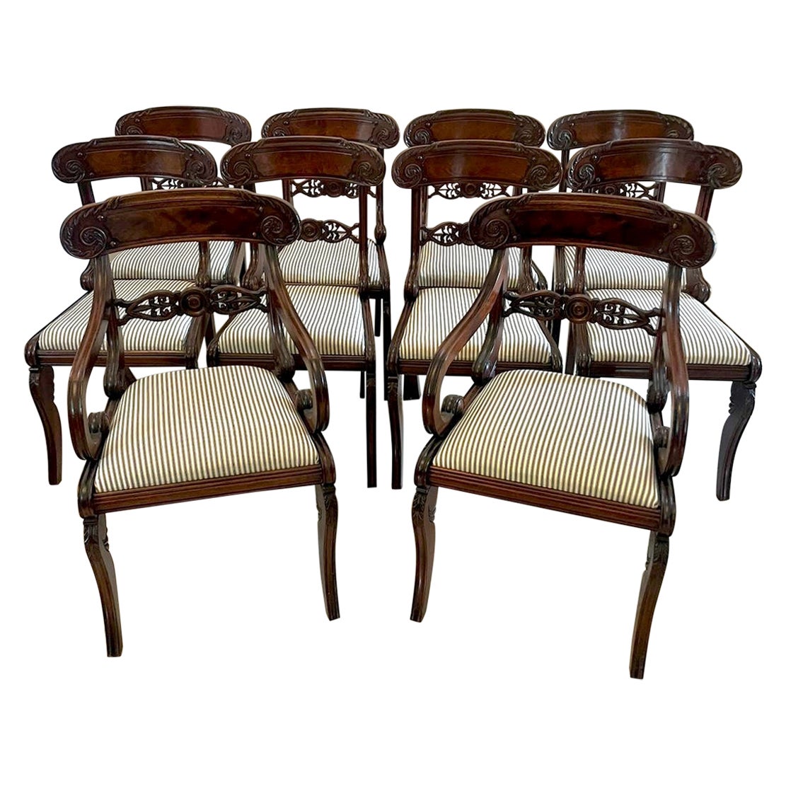 Fine Set of 10 Antique Regency Quality Carved Mahogany Dining Chairs 