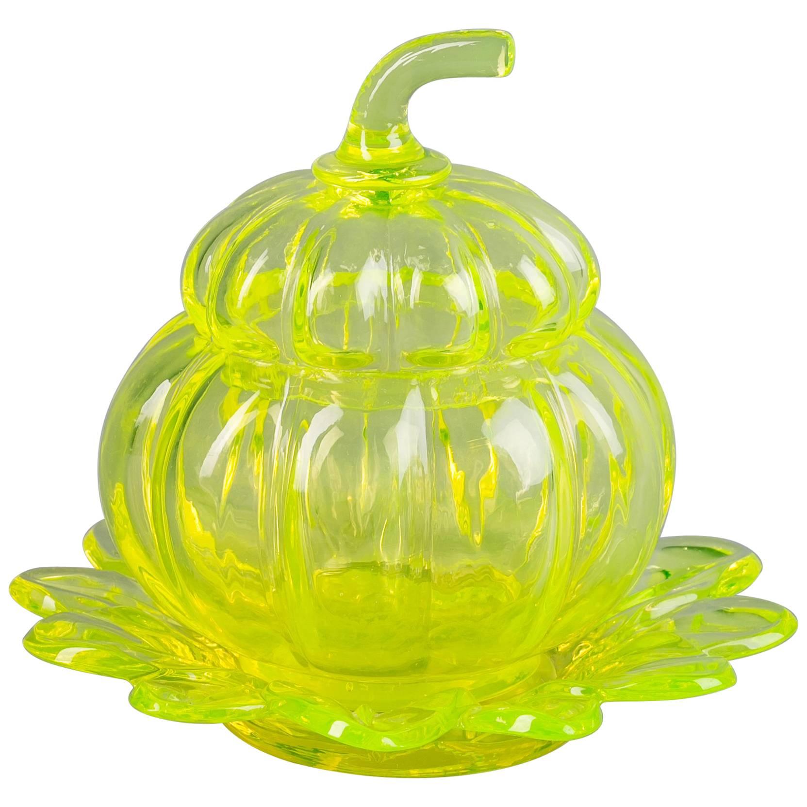 Vaseline Glass Covered Fruit Form Box and under Plate, French, circa 1880 For Sale