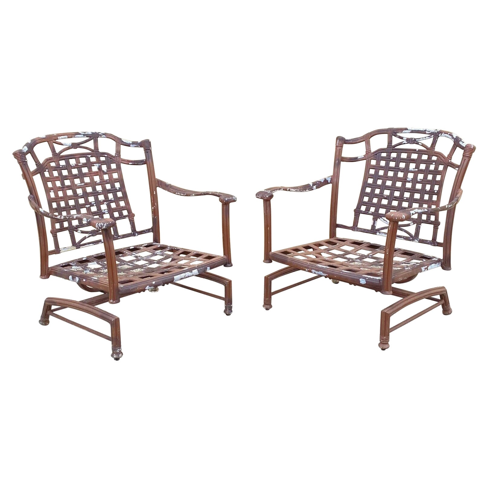Cast Aluminum Basket Weave Lattice Patio Outdoor Rocking Lounge Chairs - a Pair For Sale