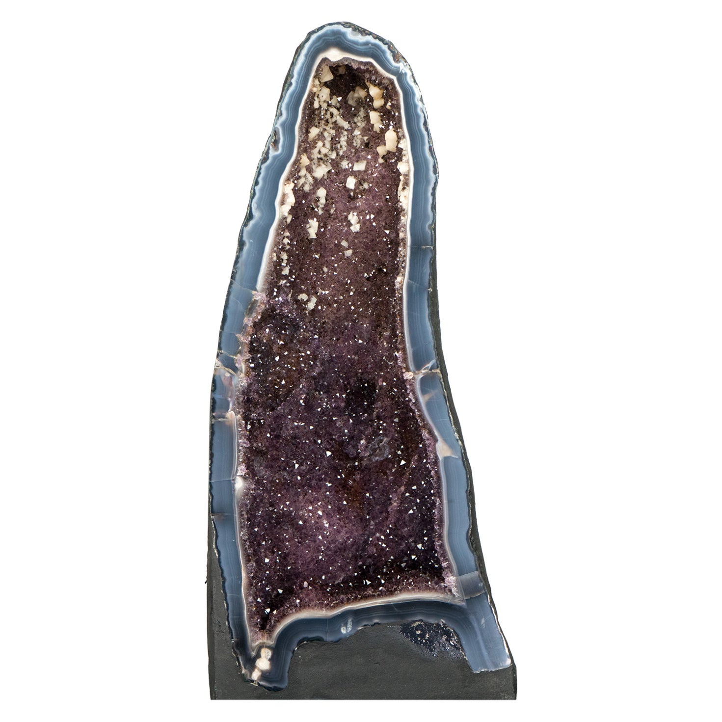 Tall Banded Agate Geode Cathedral with Calcite and Sparkly Lavender Amethyst For Sale