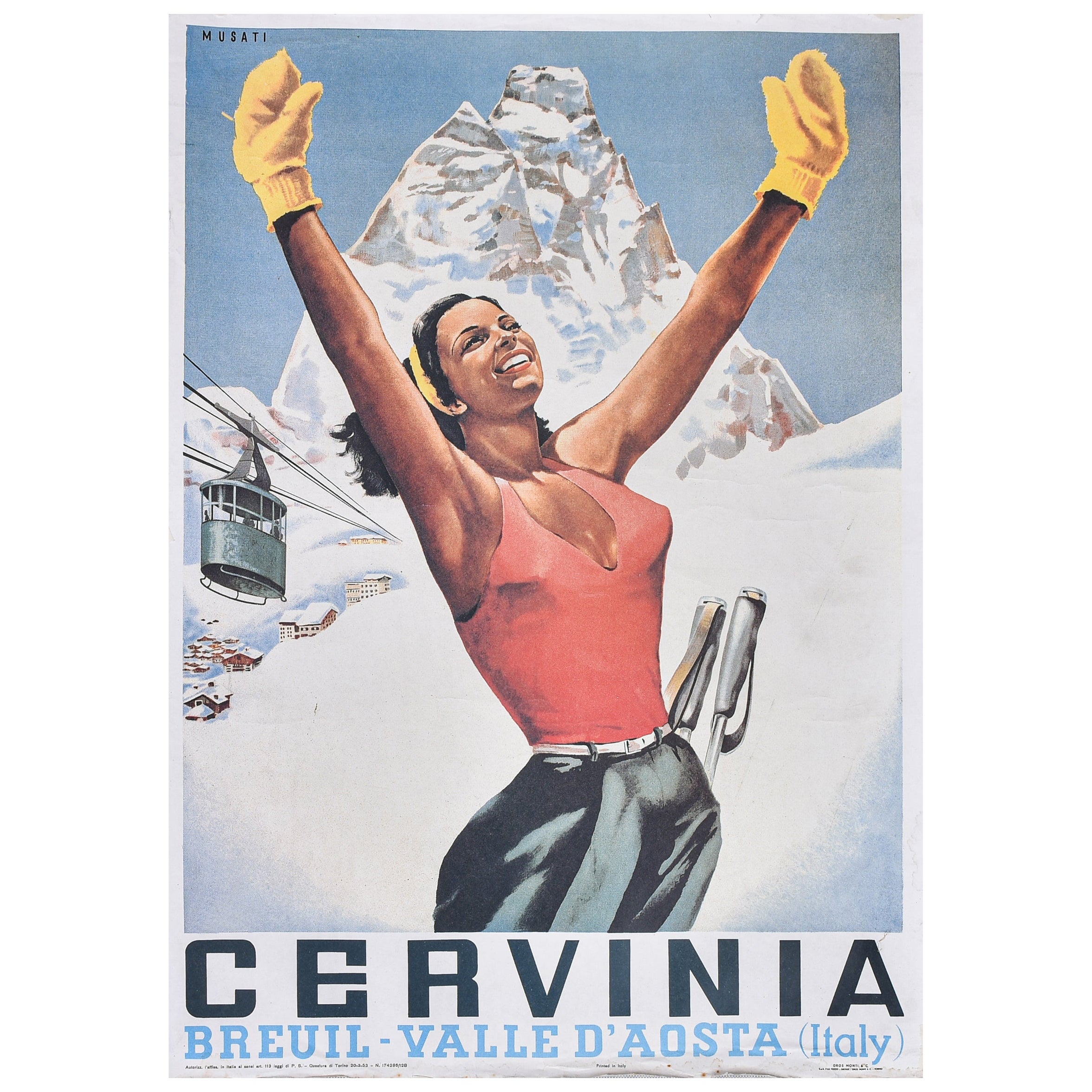 Affiche italienne vintage de Cervinia en vente