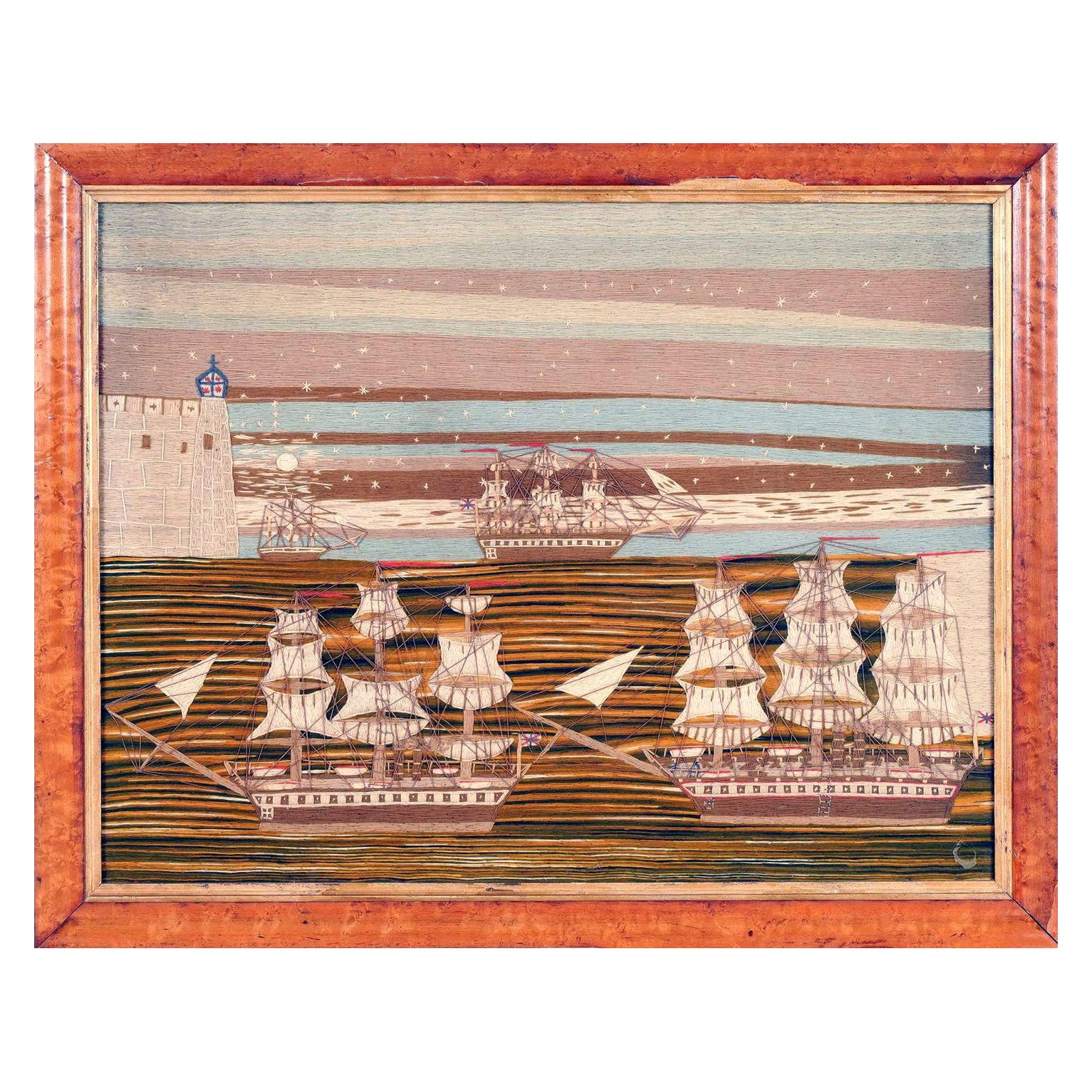 British Sailor's Woolwork with Four Ships Sailing Under Star Light For Sale