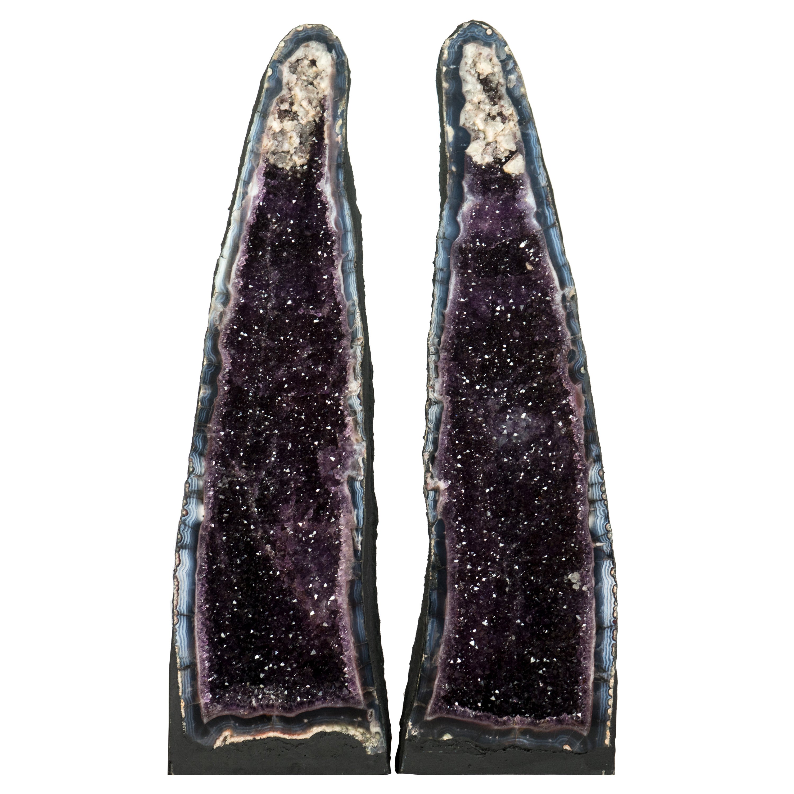 Pair of Amethyst Cathedral Geodes, with Lace Agate, Purple Amethyst, and Calcite For Sale
