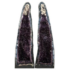 Pair of Amethyst Cathedral Geodes, with Lace Agate, Purple Amethyst, and Calcite