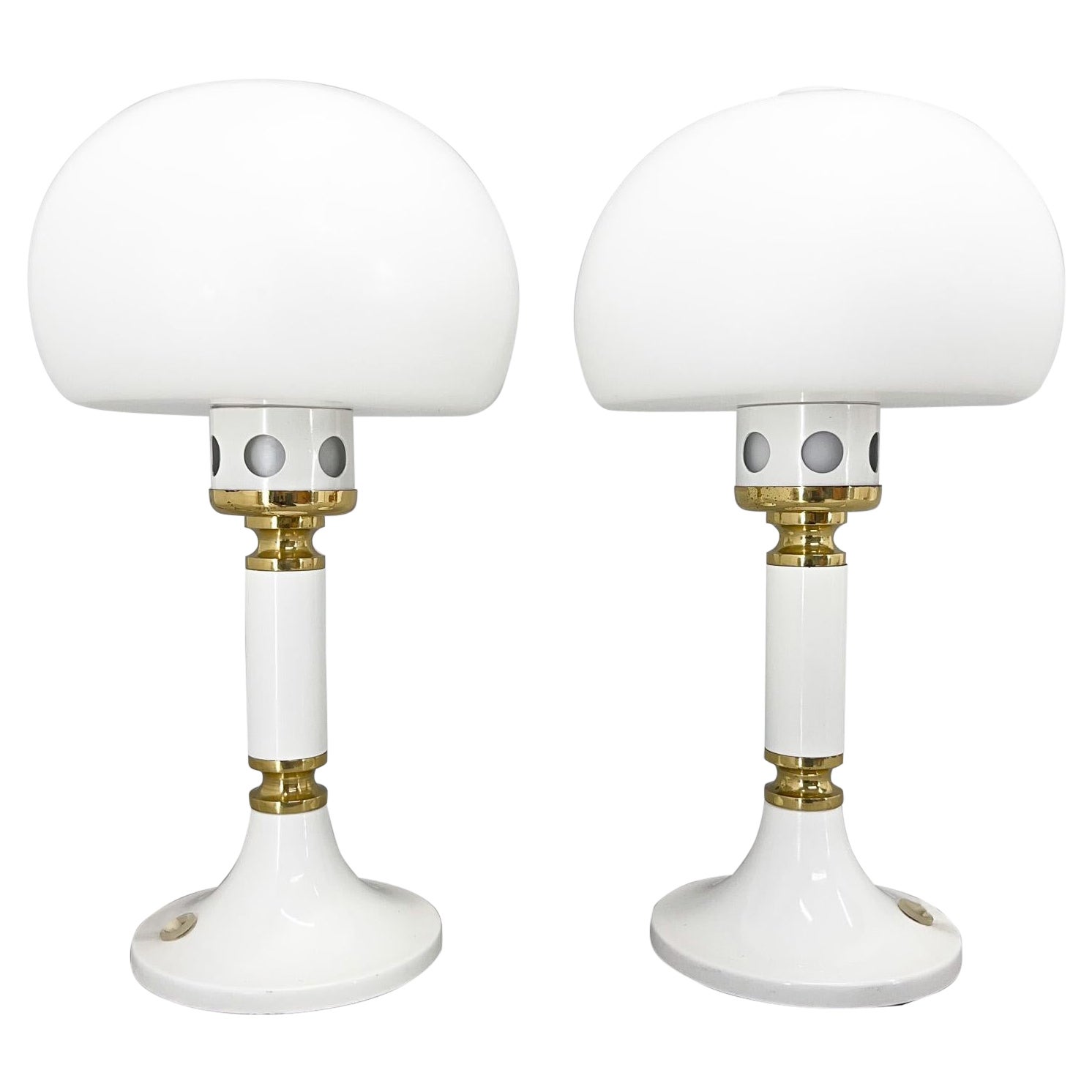 Pair of Mid-century Opaline Glass & Brass Table Lamps by Drukov, Czechoslovakia For Sale