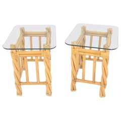 Vintage Pair Decorative Twisted Rattan Rectangle End Side Tables Stand Rounded Glass Top