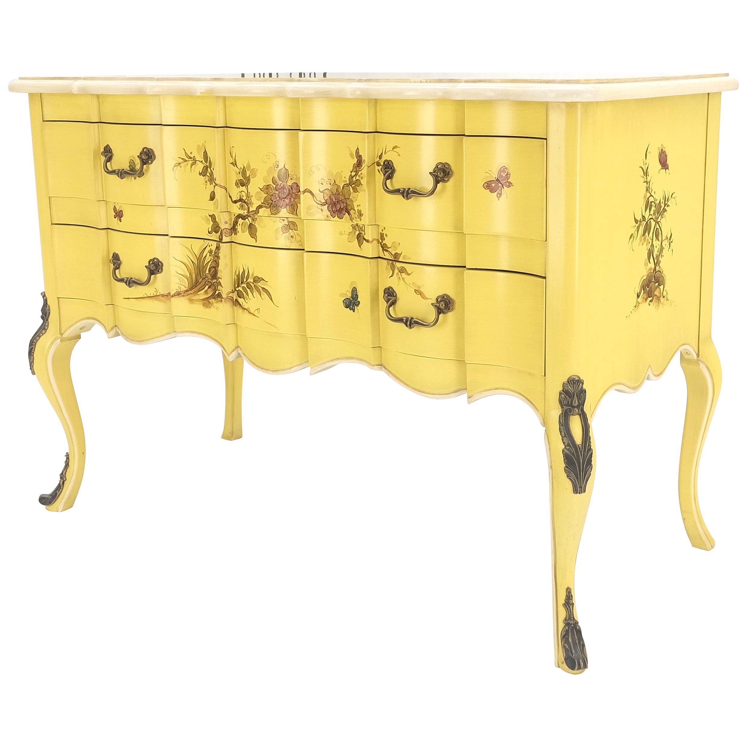 Lemon Yellow White Lacquer Bronze Mounts cabriole Style Leg Two Drawers Console  For Sale