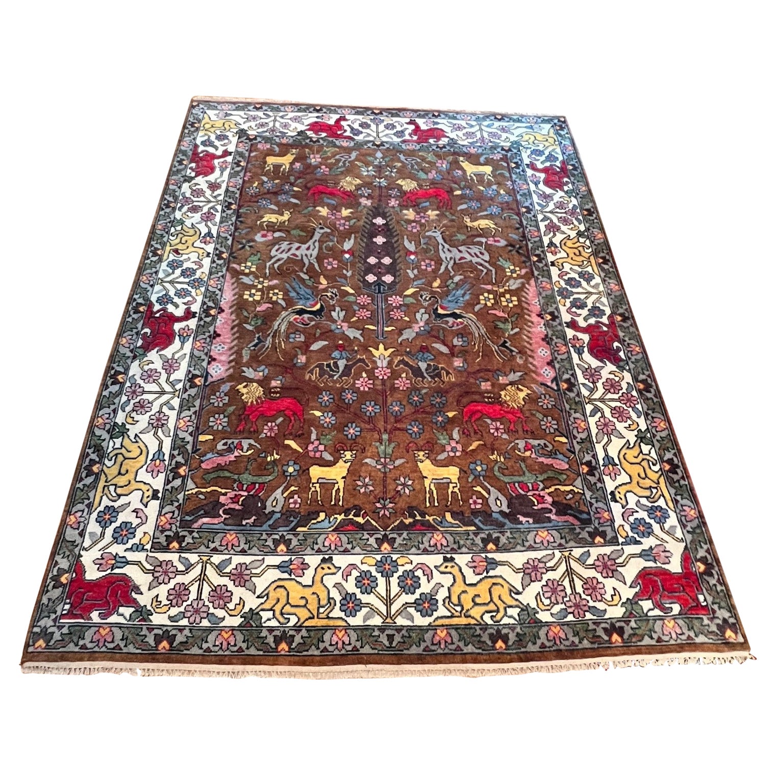 21st C. Richly Colored Bijar Style Rug Depicting Animals, Flowers and Trees For Sale