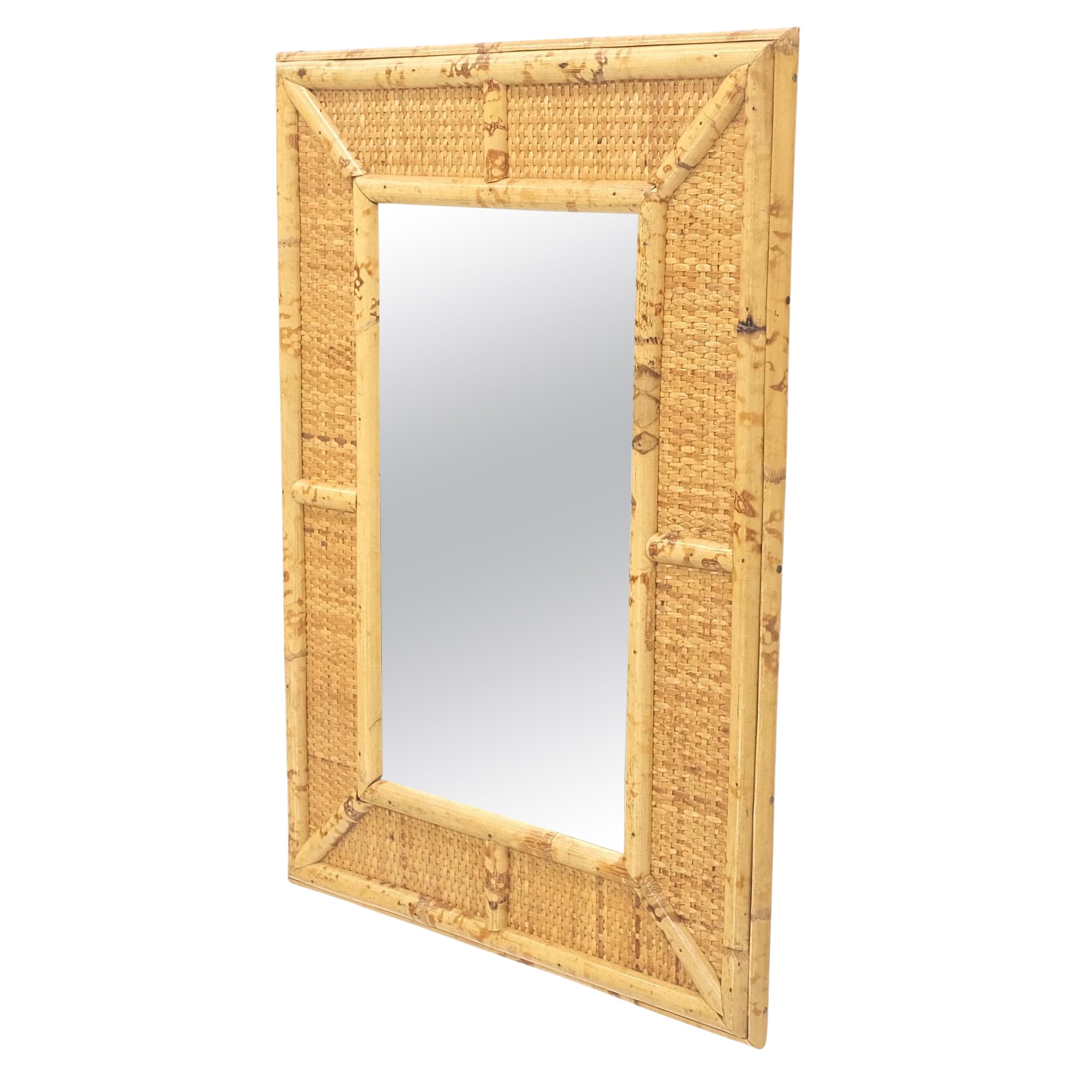 Compact Rectangle Bamboo Frame Decorative Mid Century Modern c1970s Wall Mirror  For Sale