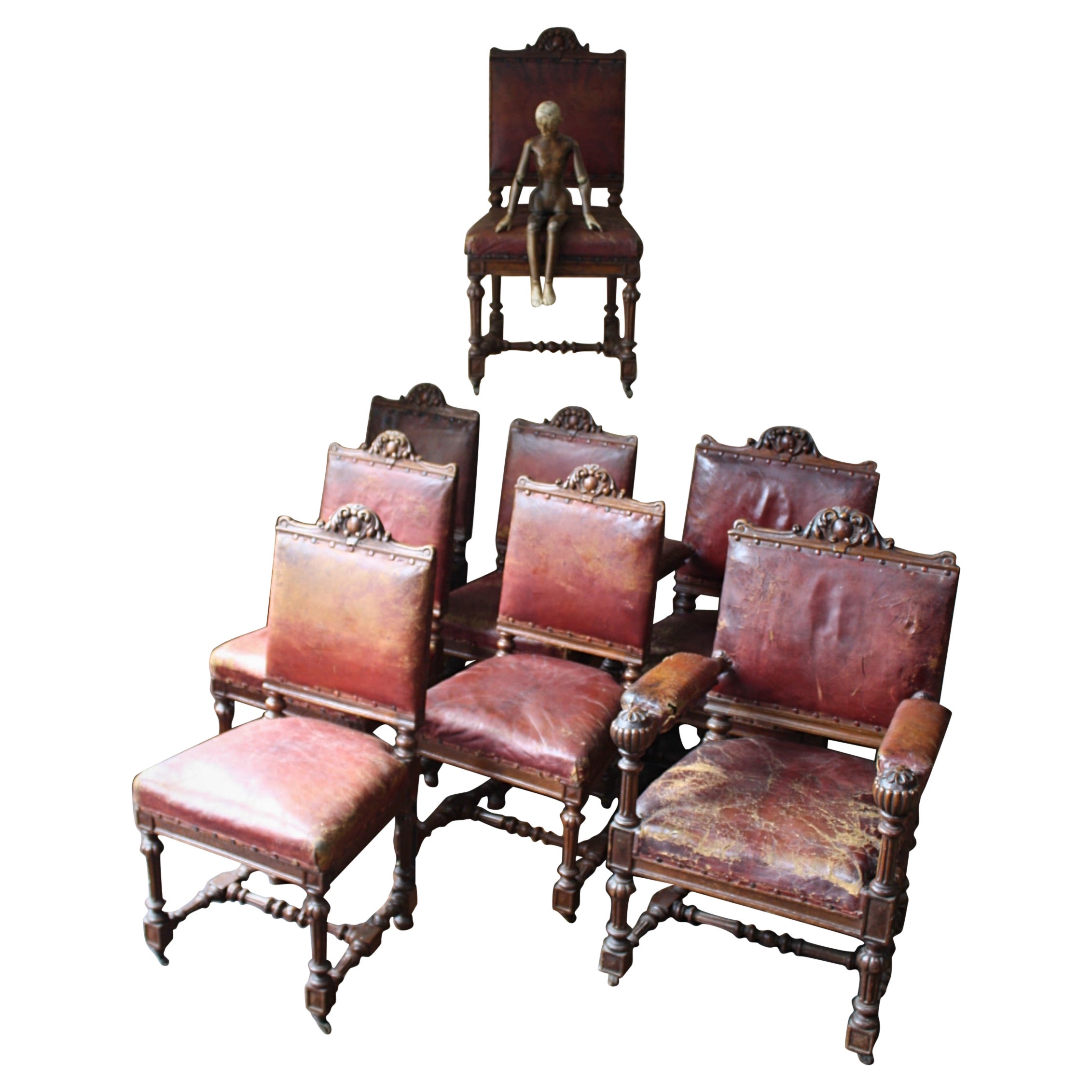 Late 19th Century Eight Victorian Scottish Red Leather & Oak Dining Chairs  For Sale