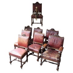 Late 19th Century Eight Victorian Scottish Red Leather & Oak Dining Chairs