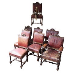 Antique Late 19th Century Eight Victorian Scottish Red Leather & Oak Dining Chairs 