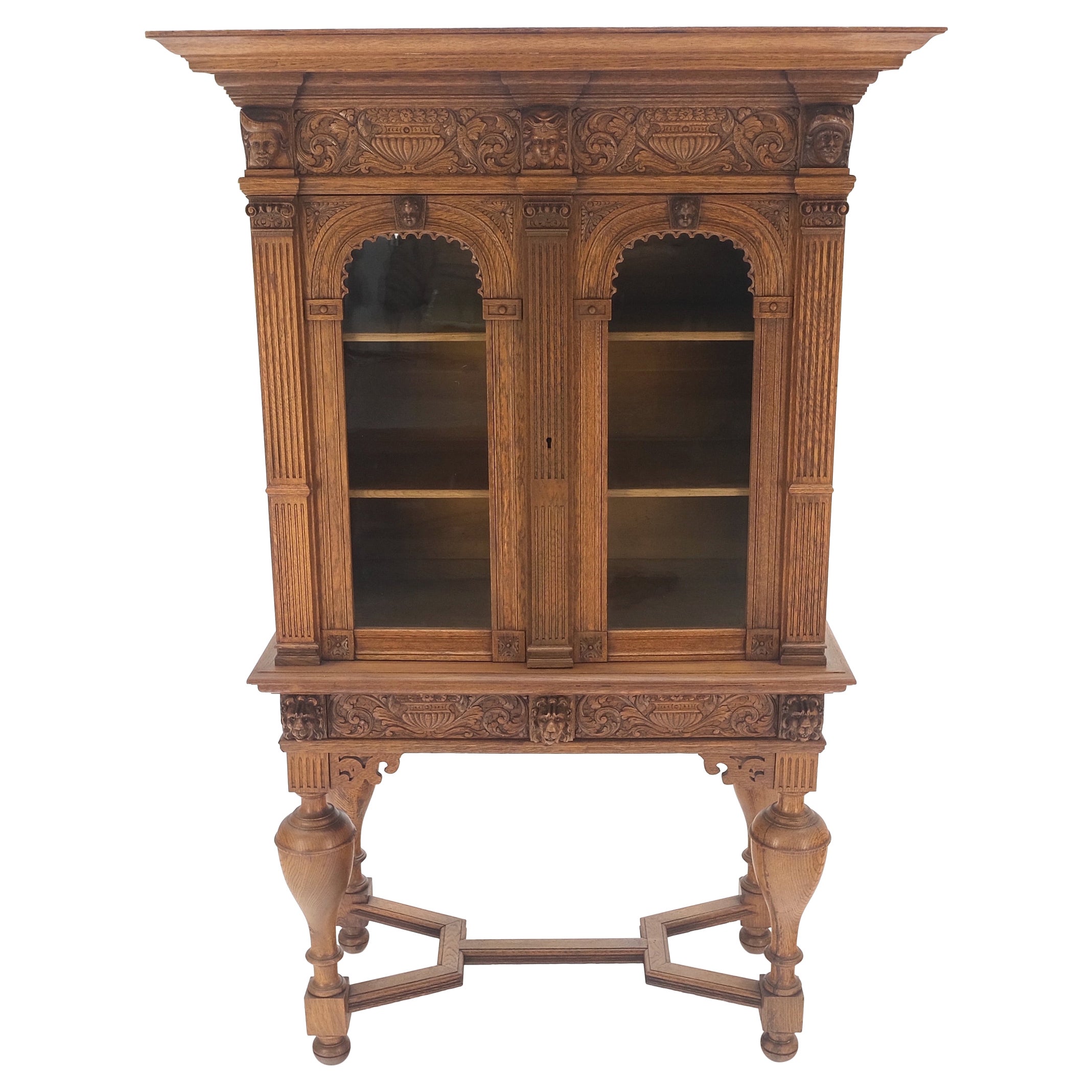 Heavily Carved Oak Faces Urns Motive Two Door China Cabinet c1880s MINT! For Sale