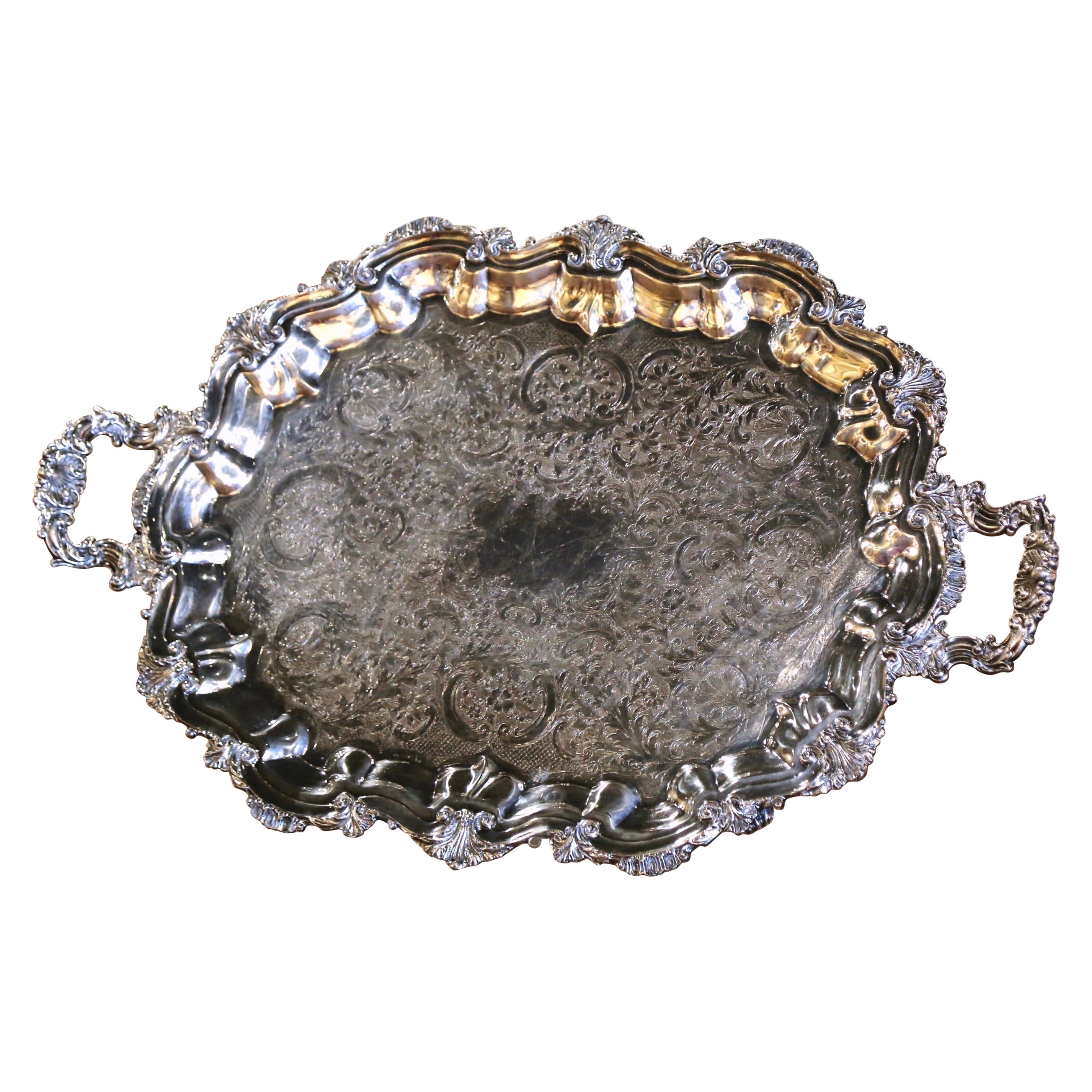 Mid Century French Louis XV Silver Plated Tray with Ornate Scrolls & Engravings For Sale