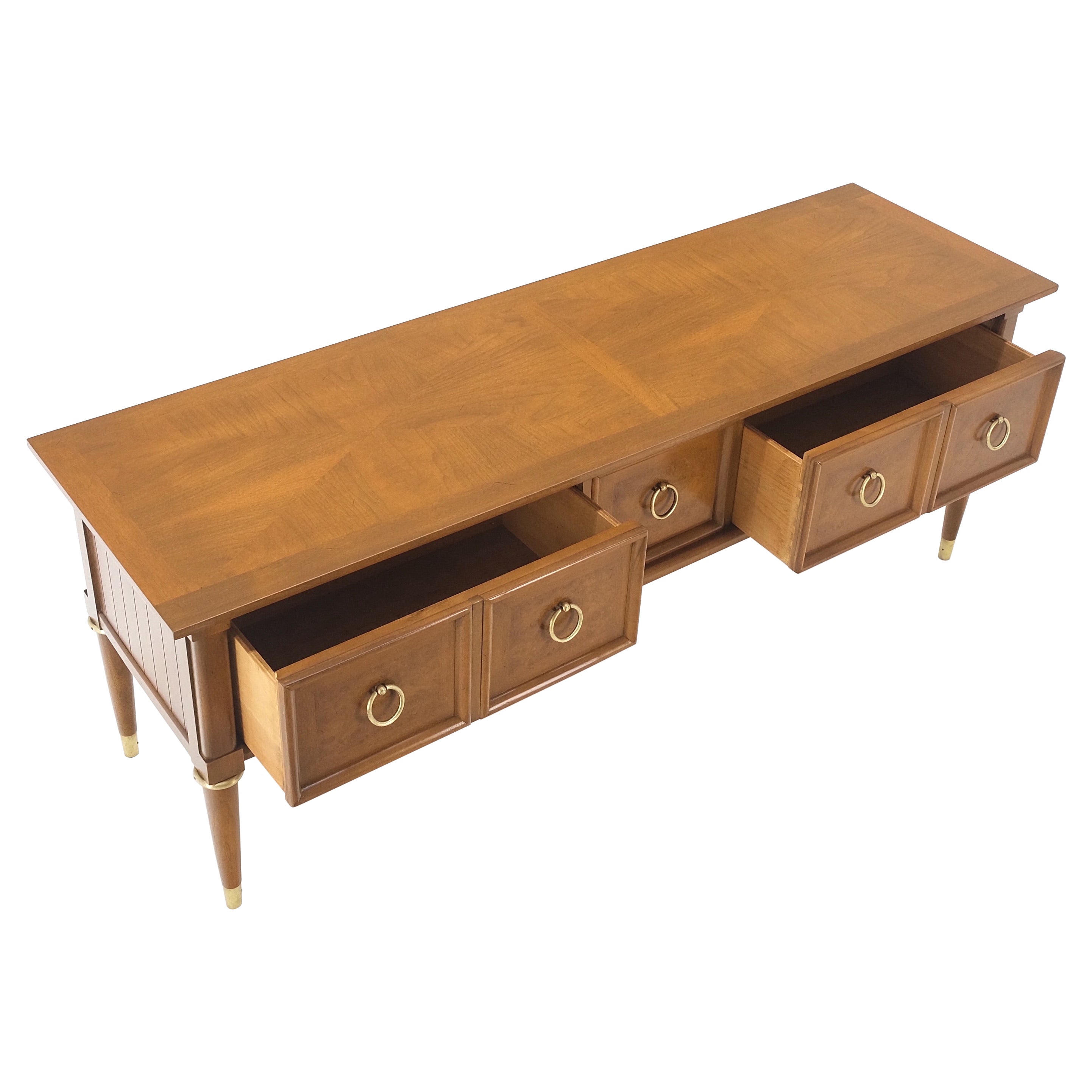 Brass Drop Rings Pulls Low Profile Tapered Legs Long Credenza Mid Century MINT! For Sale