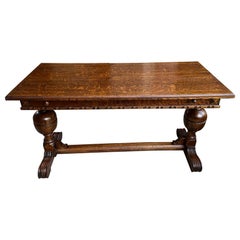 Antique English Draw Leaf Dining Library Kitchen Table Tiger Oak Trestle Base