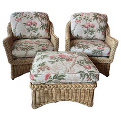 3 Pc. Set Rattan Braided Wicker Works Club Lounge Pair Arm Chairs & Ottoman 