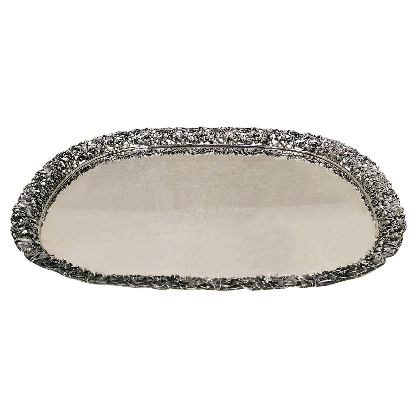 Italian Sold 800 Silver big Tray with Fruit Edge For Sale