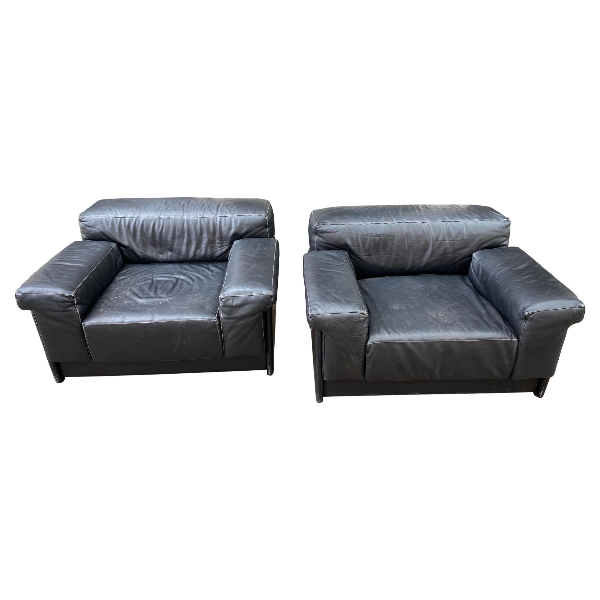 Harvey Probber Black Leather "Raphael Lounge Chairs" model 4121 in Black Leather For Sale