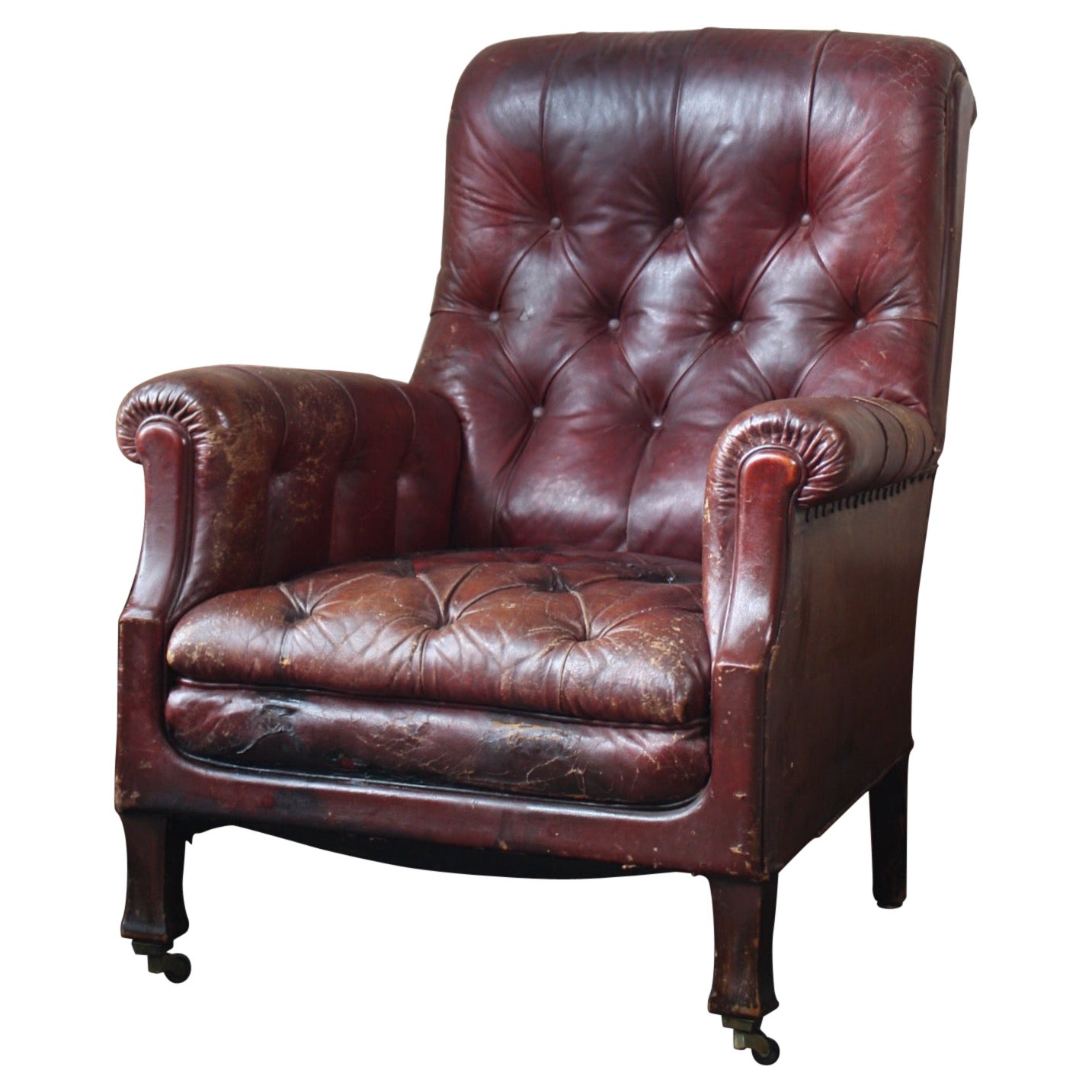 A.I.C. Early 20th C English Country House Style Red Maroon Leather Buttoned Armchair