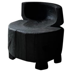 Antique Japanese Low Usu Dark Black Solid Wood Chair 