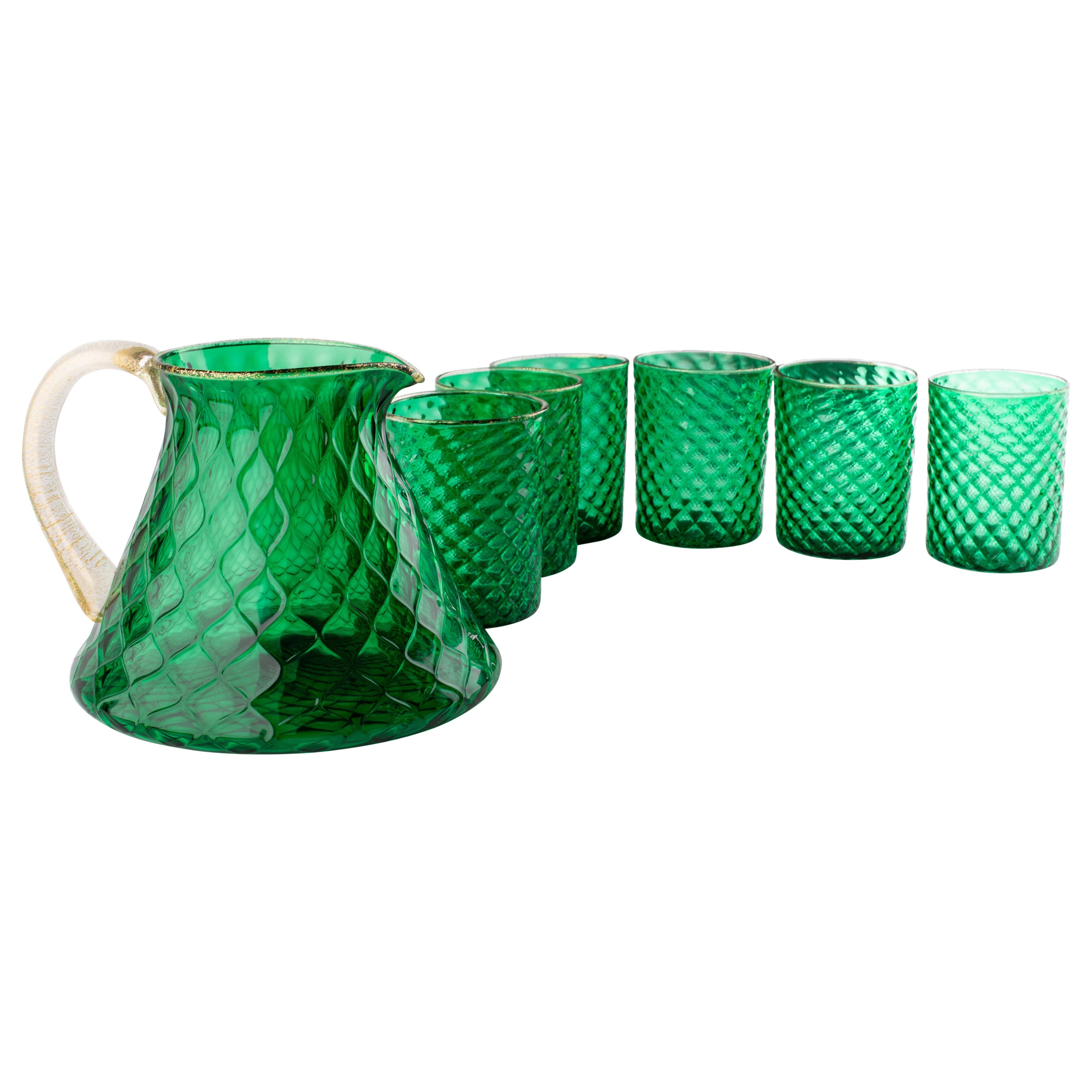 1295 Smaragdgrünes mundgeblasenes Glas und Karaffe aus Murano im Angebot
