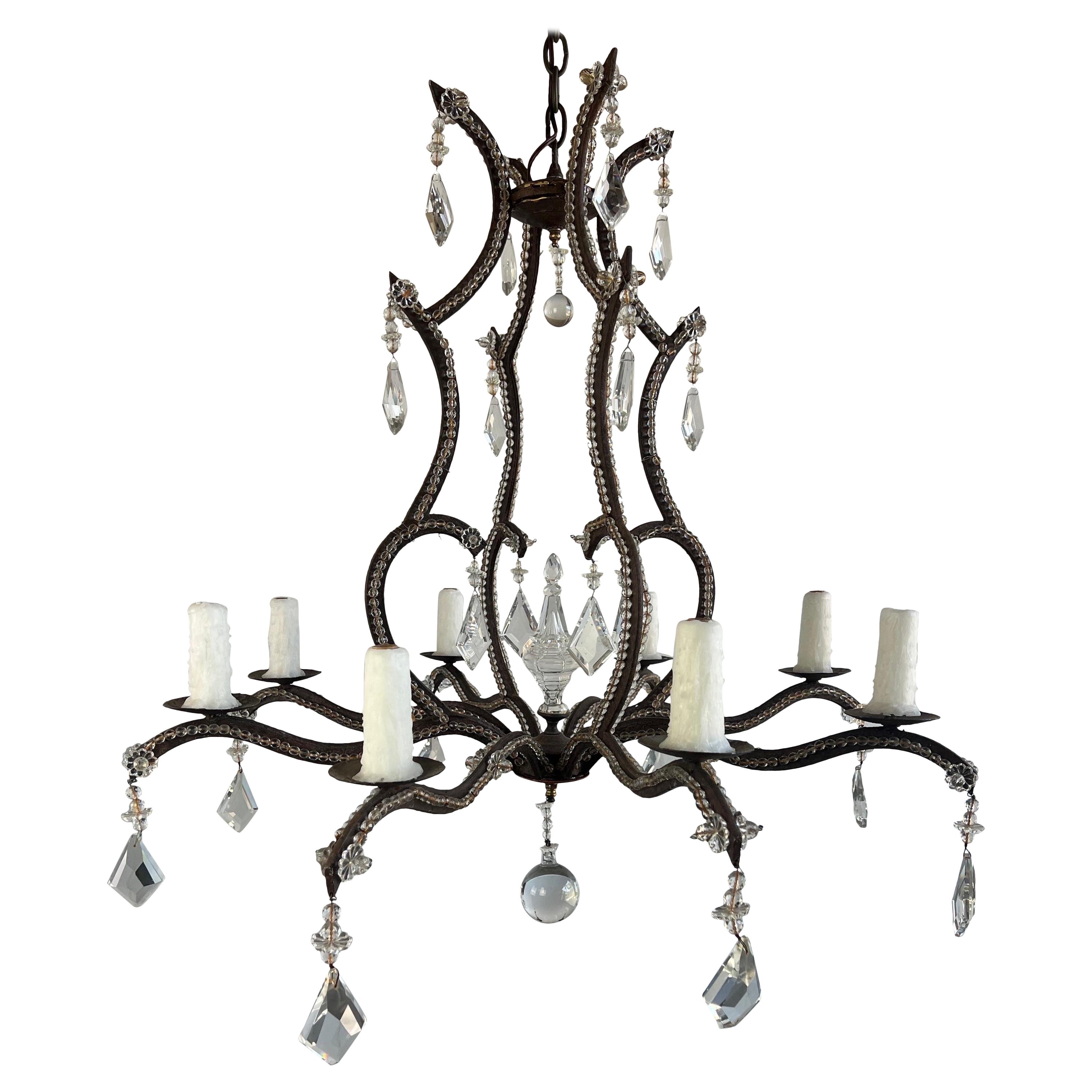 Wrought Iron Crystal Beaded Chandelier  For Sale