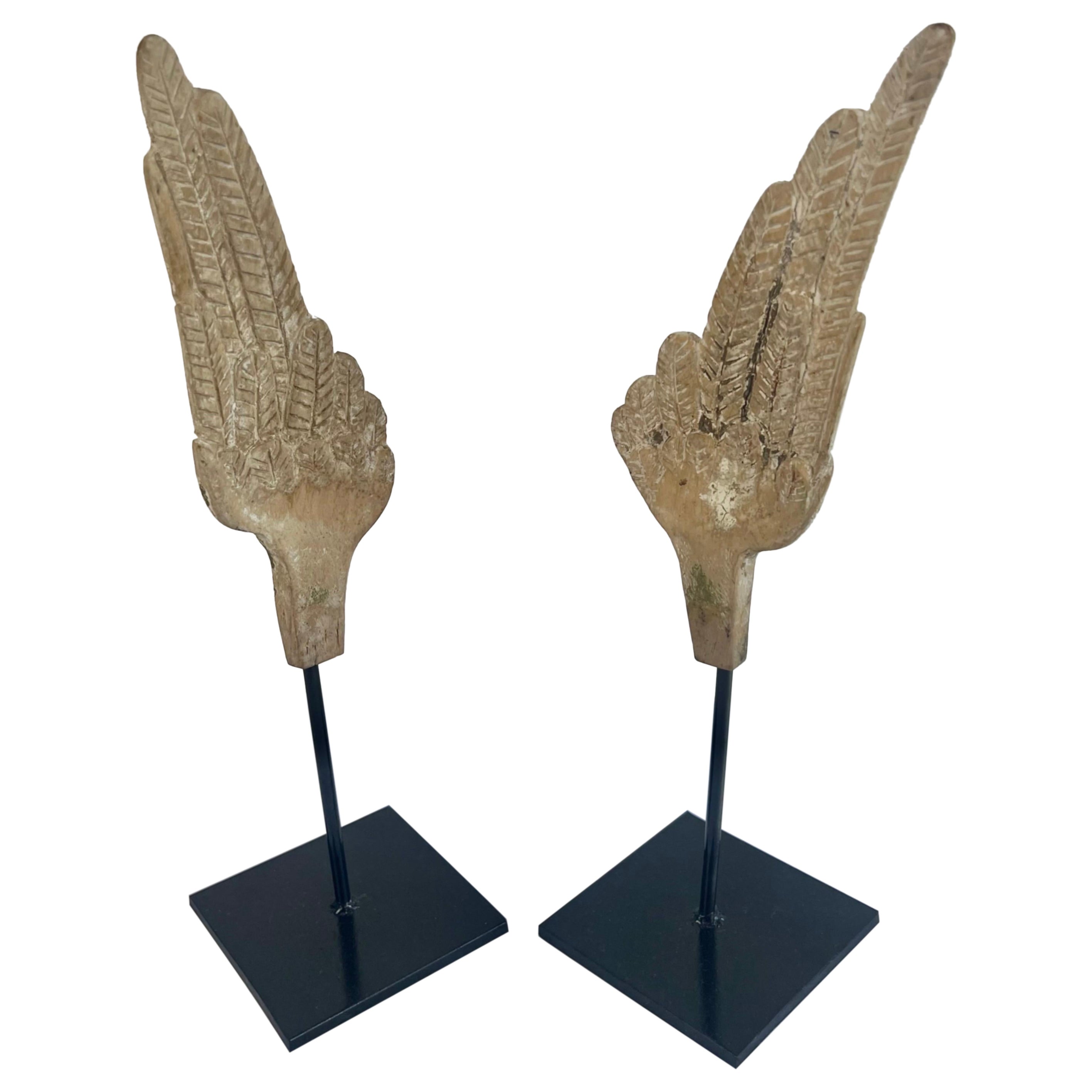 Pair of Wood Carved Wings on Iron Bases For Sale