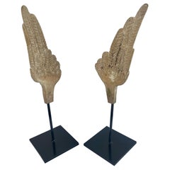 Antique Pair of Wood Carved Wings on Iron Bases
