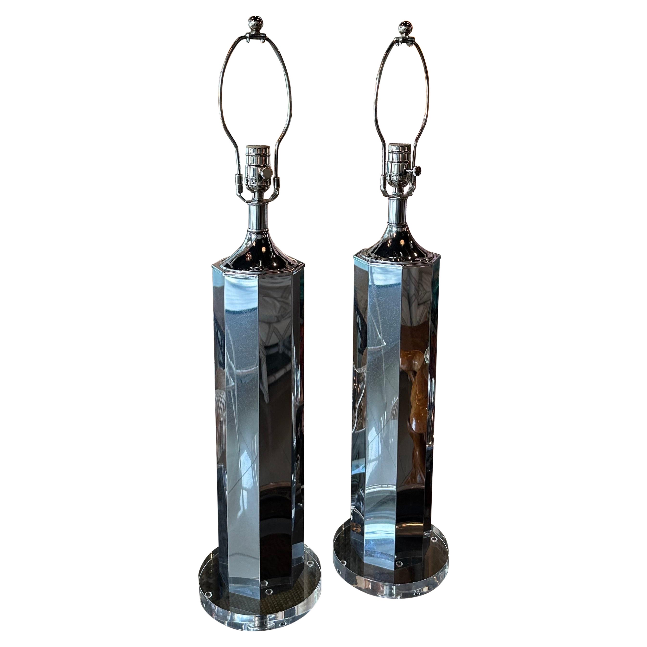 Vintage Pair of Modern Chrome Table Lamps Lucite Base Newly Wired